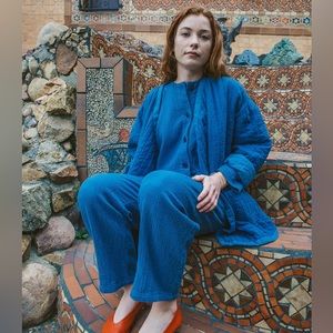 Nico Nico Womens Medium Quilted Jumpsuit Blue Cotton Lounge Relaxed Chambray